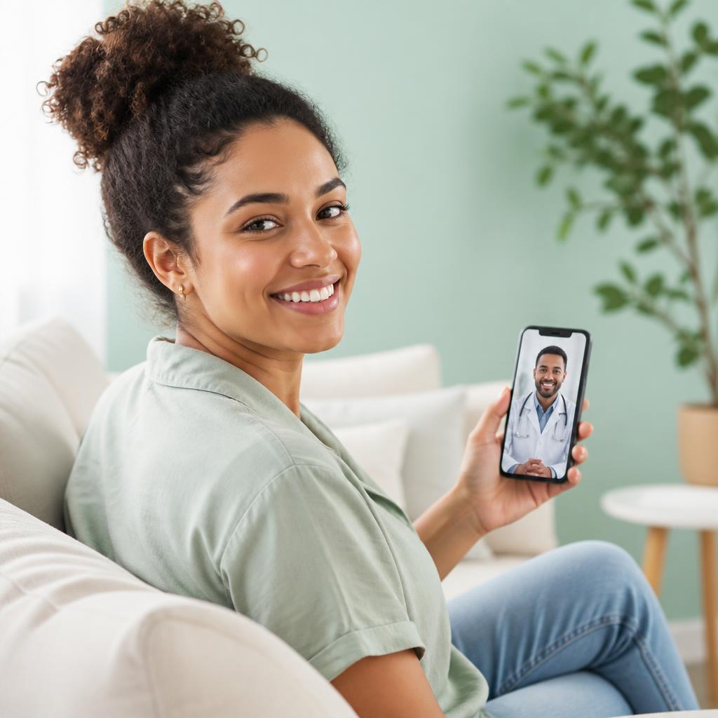 Mulher sorrindo em casa segurando o celular durante uma videochamada com um médico